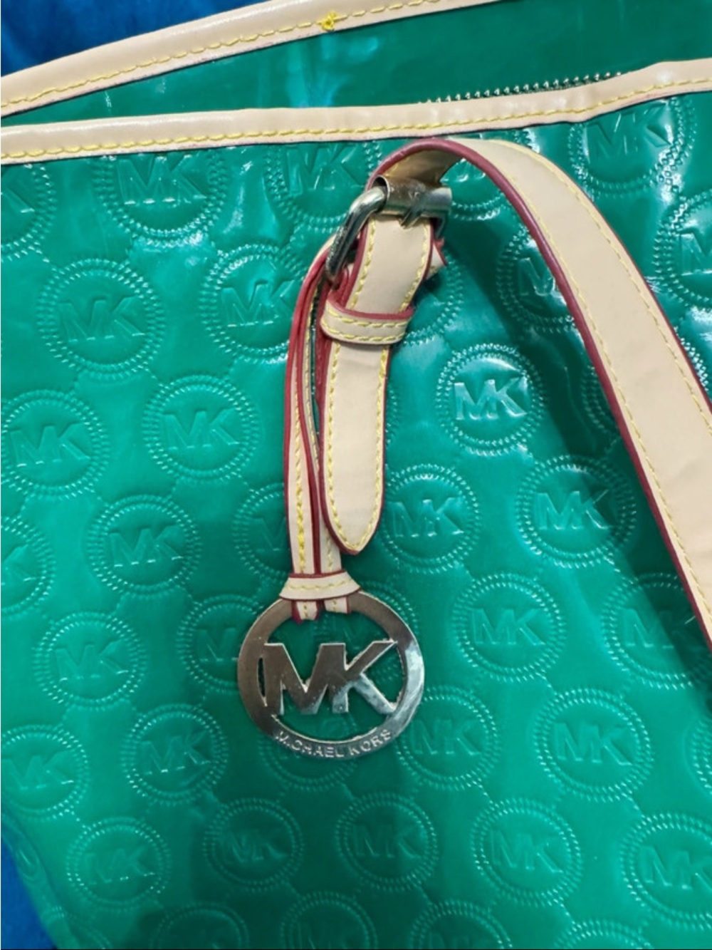 Michael Kors Teal Embossed MK Tote with Cream Trim and Silver Charm
